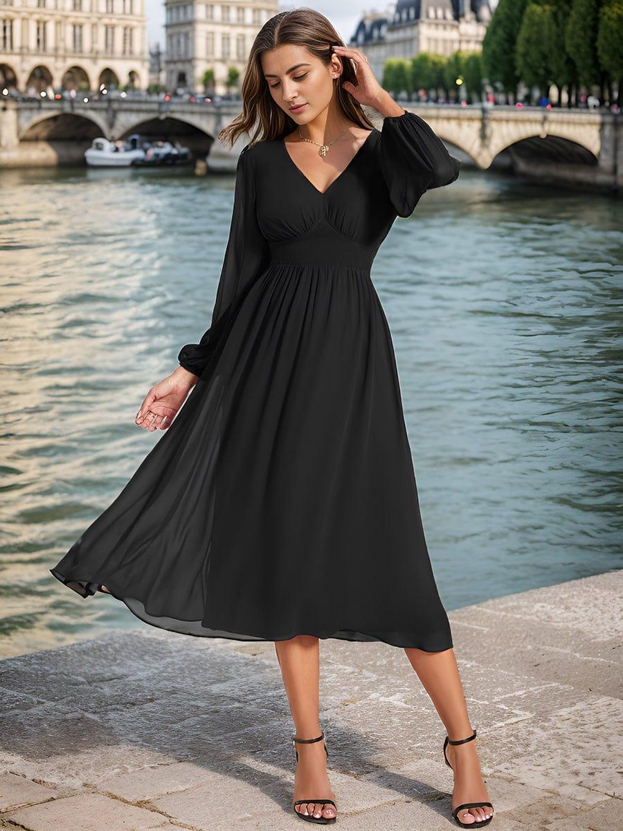 Funkelndes Abendkleid in A-Linie mit Empire-Taille und langen ?rmeln #farbe_Schwarz