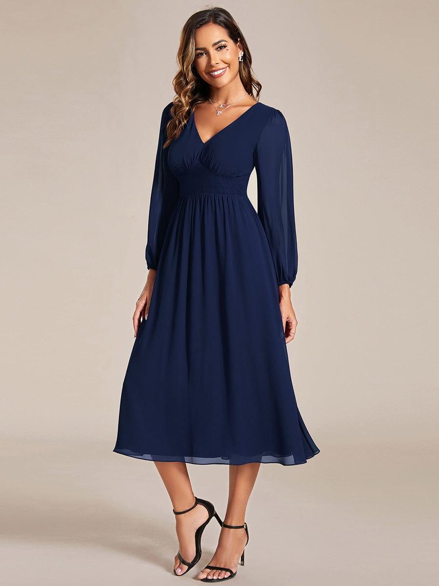 Funkelndes Abendkleid in A-Linie mit Empire-Taille und langen ?rmeln #farbe_Navy Blau