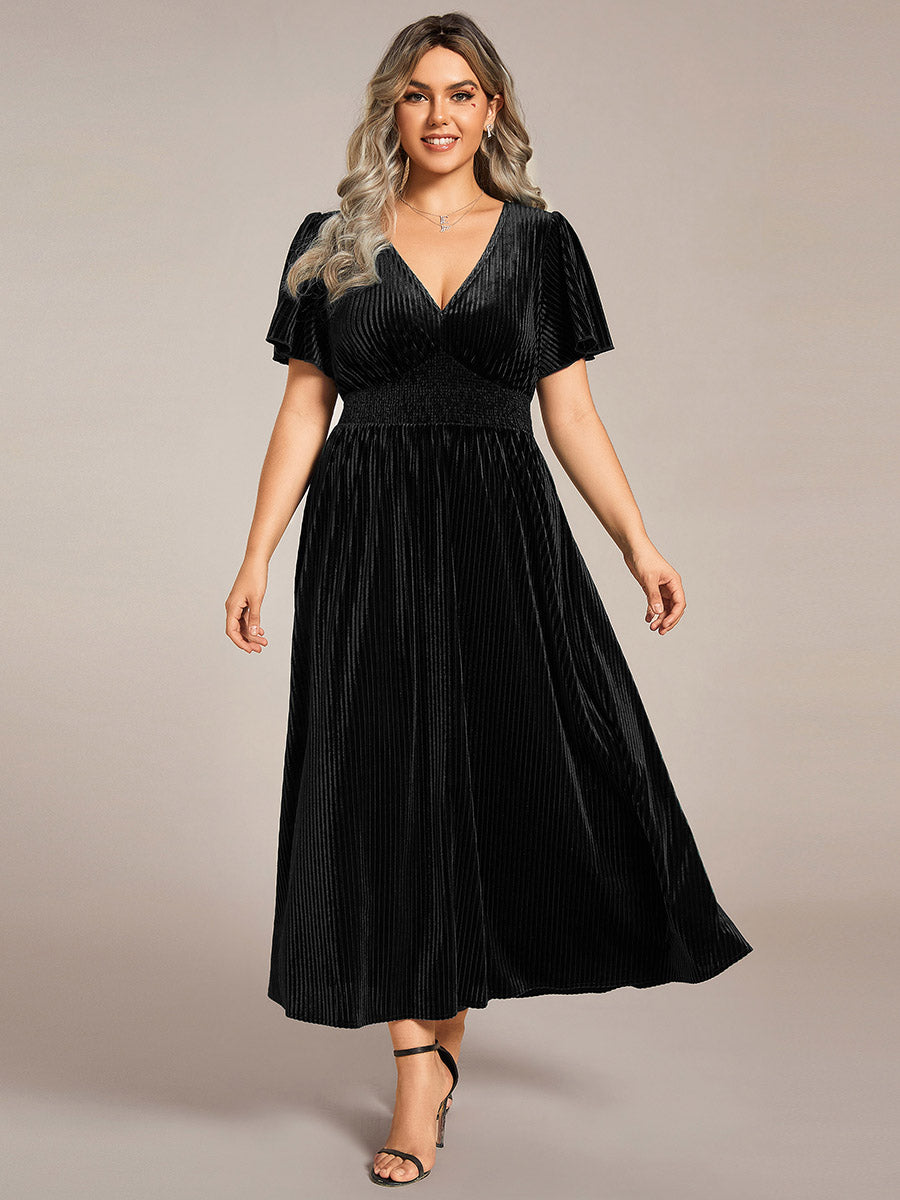 Midi Tee-Länge A-Linie Kleid Mit V-Ausschnitt Aus Weichem Samt Elegant Und Bequem Kleid #Farbe_Schwarz