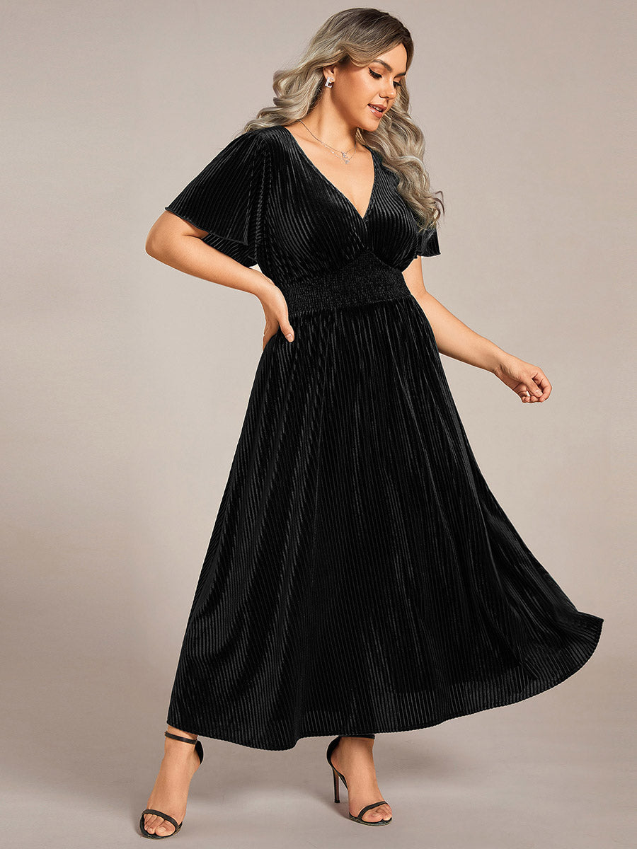 Midi Tee-Länge A-Linie Kleid Mit V-Ausschnitt Aus Weichem Samt Elegant Und Bequem Kleid #Farbe_Schwarz