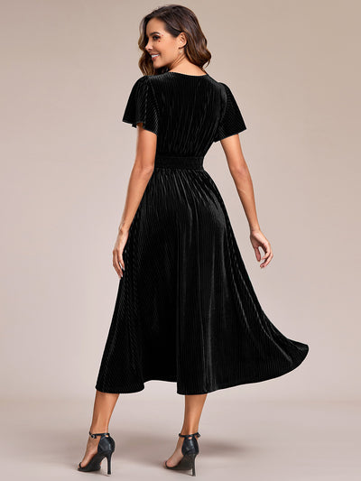 Midi Tee-Länge A-Linie Kleid Mit V-Ausschnitt Aus Weichem Samt Elegant Und Bequem Kleid #Farbe_Schwarz