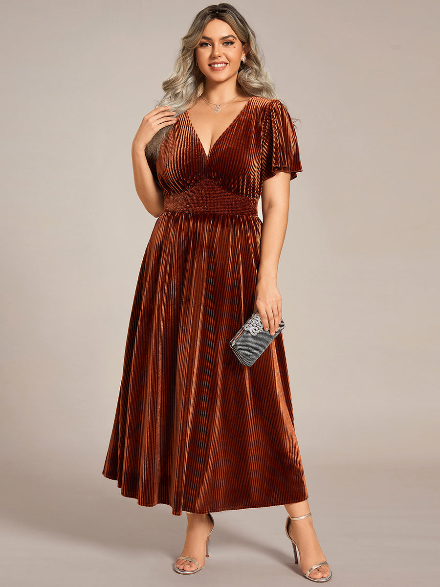 Midi Tee-Länge A-Linie Kleid Mit V-Ausschnitt Aus Weichem Samt Elegant Und Bequem Kleid #Farbe_Karamell