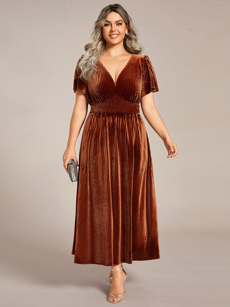 Midi Tee-Länge A-Linie Kleid Mit V-Ausschnitt Aus Weichem Samt Elegant Und Bequem Kleid #Farbe_Karamell