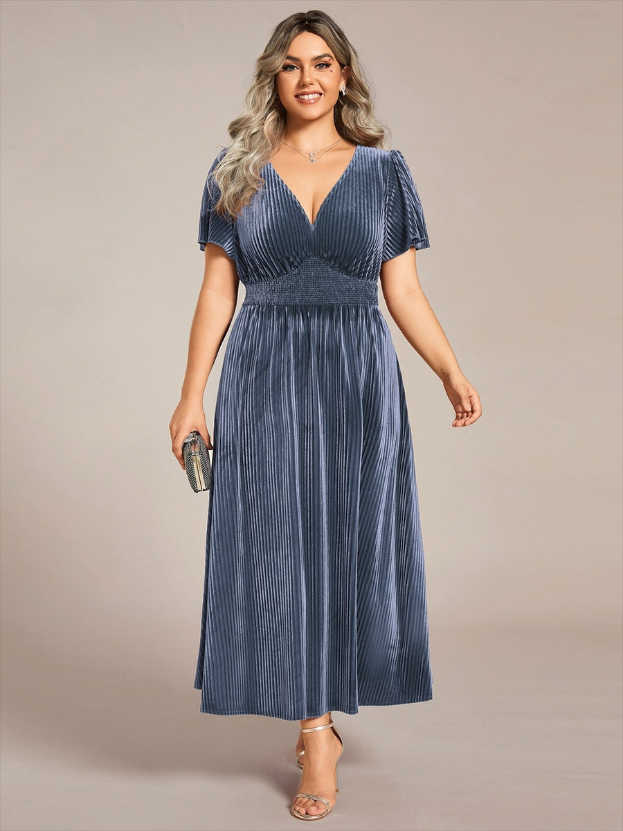 Midi Tee-Länge A-Linie Kleid Mit V-Ausschnitt Aus Weichem Samt Elegant Und Bequem Kleid #Farbe_Taubenblau