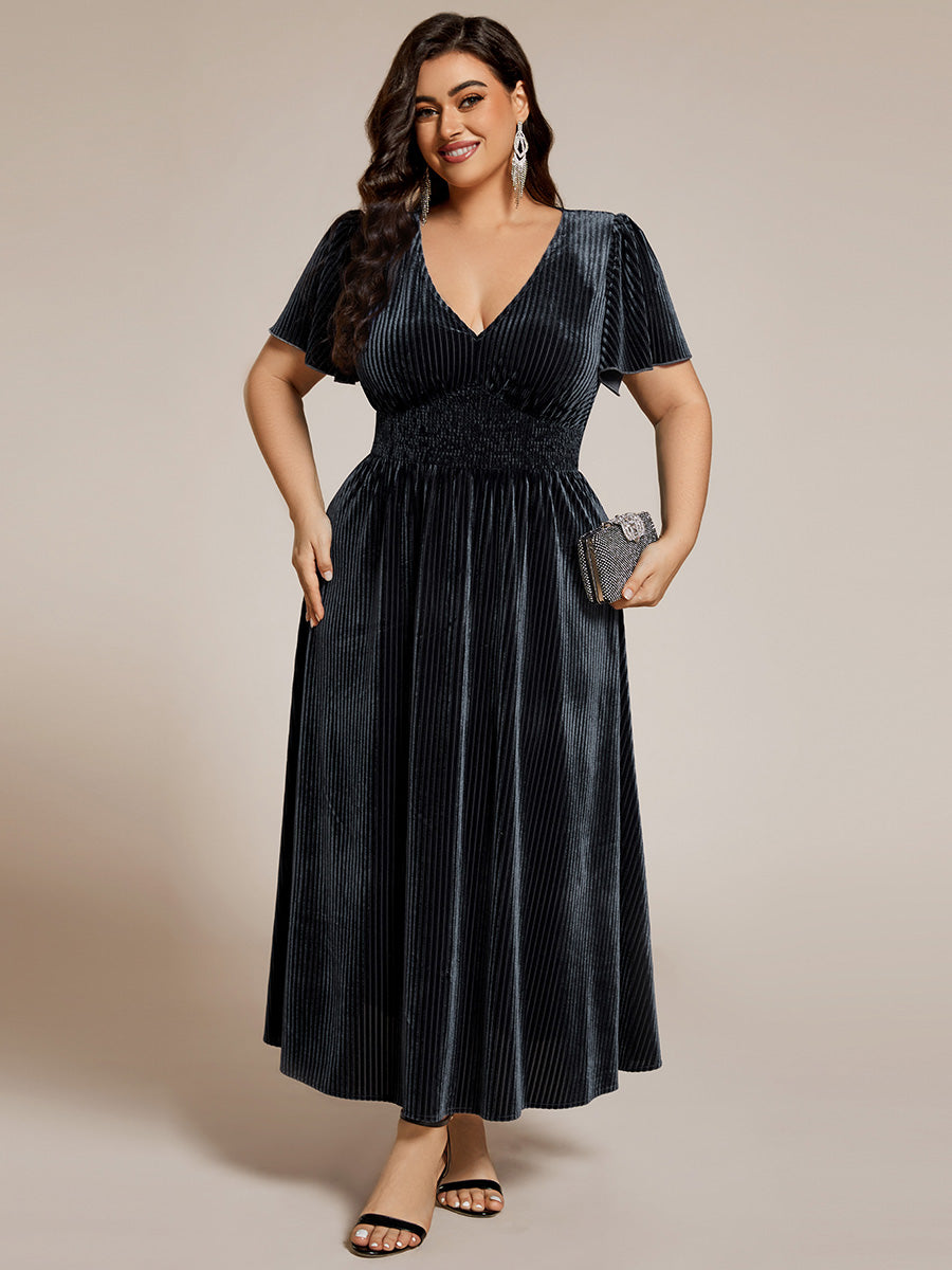 Midi Tee-Länge A-Linie Kleid Mit V-Ausschnitt Aus Weichem Samt Elegant Und Bequem Kleid #Farbe_Graublau