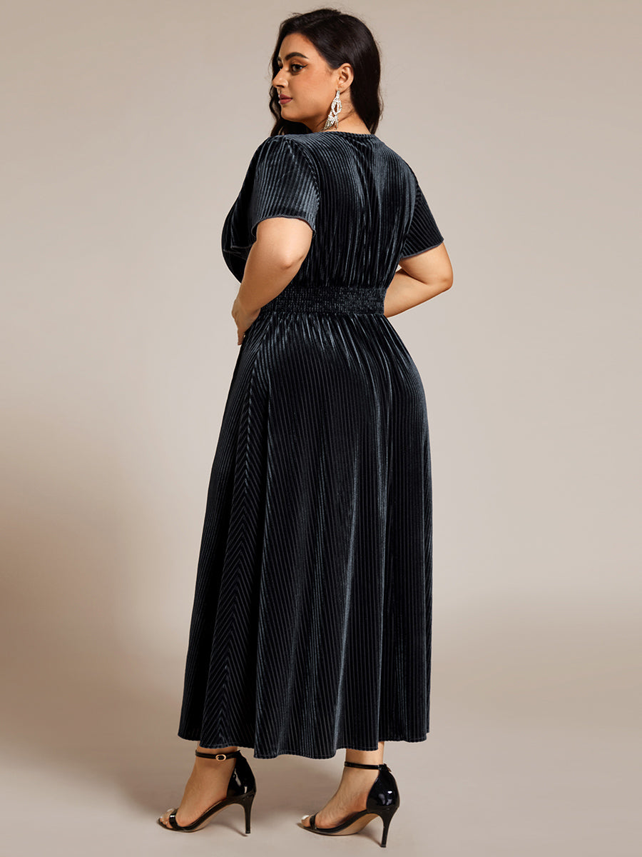 Midi Tee-Länge A-Linie Kleid Mit V-Ausschnitt Aus Weichem Samt Elegant Und Bequem Kleid #Farbe_Graublau