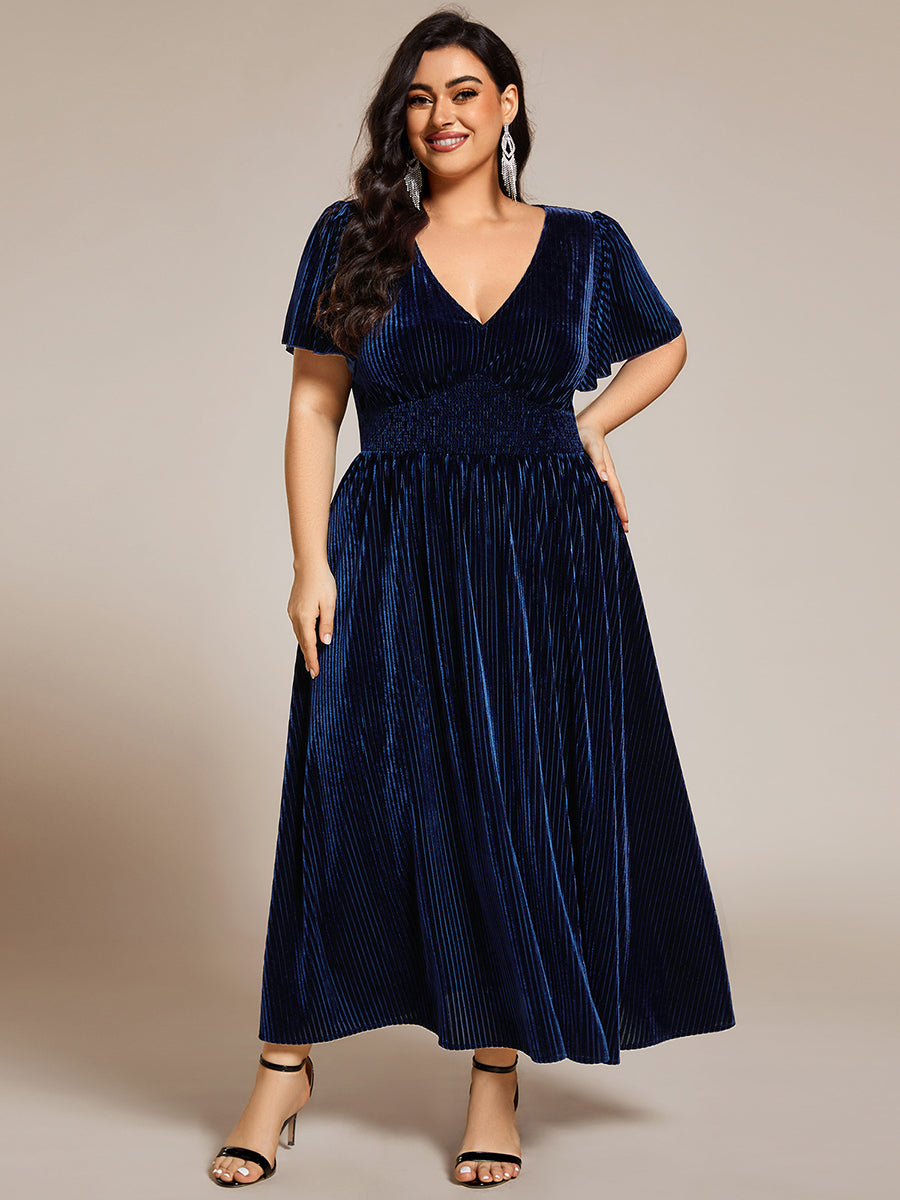 Midi Tee-Länge A-Linie Kleid Mit V-Ausschnitt Aus Weichem Samt Elegant Und Bequem Kleid #Farbe_Marineblau