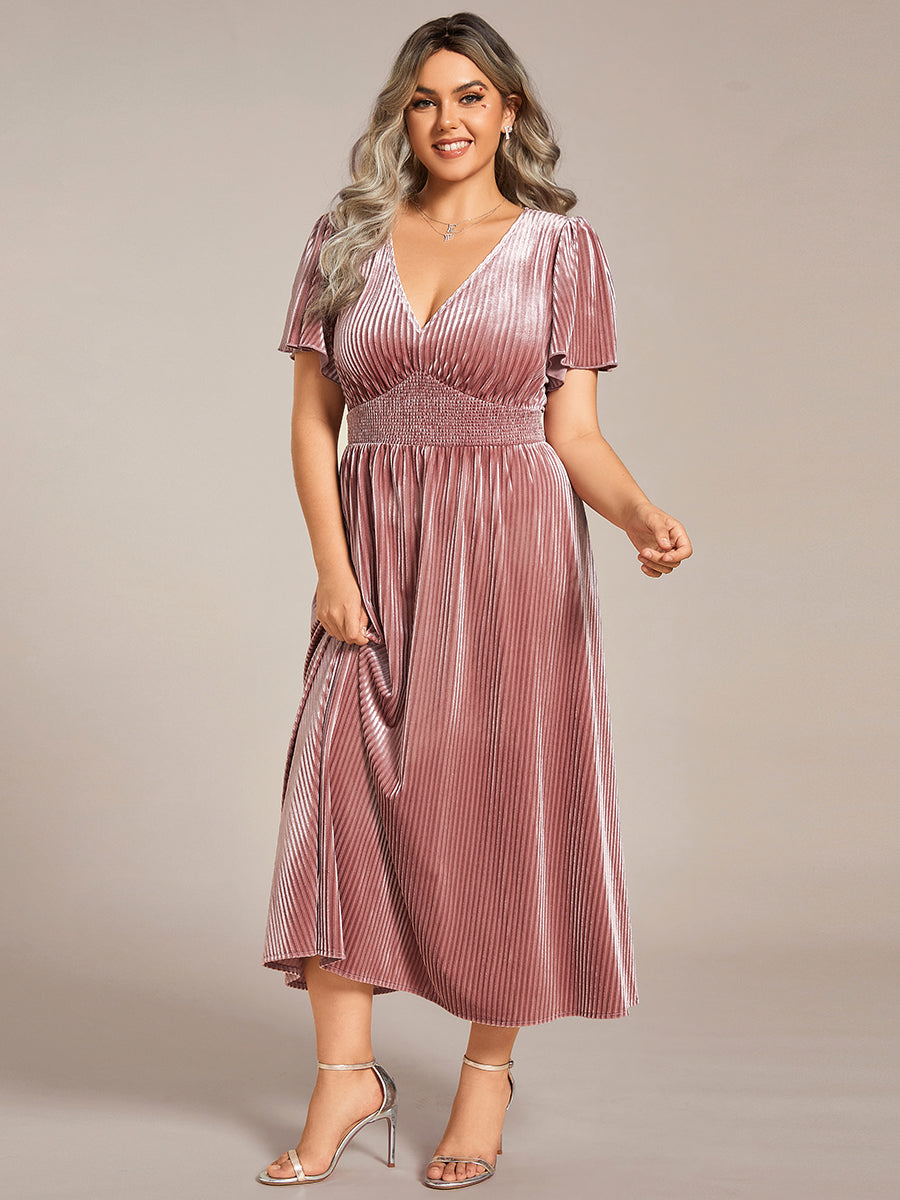 Midi Tee-Länge A-Linie Kleid Mit V-Ausschnitt Aus Weichem Samt Elegant Und Bequem Kleid #Farbe_Orchideenviolett
