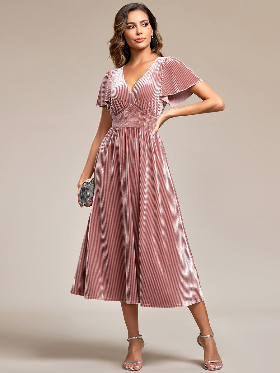 Midi Tee-Länge A-Linie Kleid Mit V-Ausschnitt Aus Weichem Samt Elegant Und Bequem Kleid #Farbe_Orchideenviolett