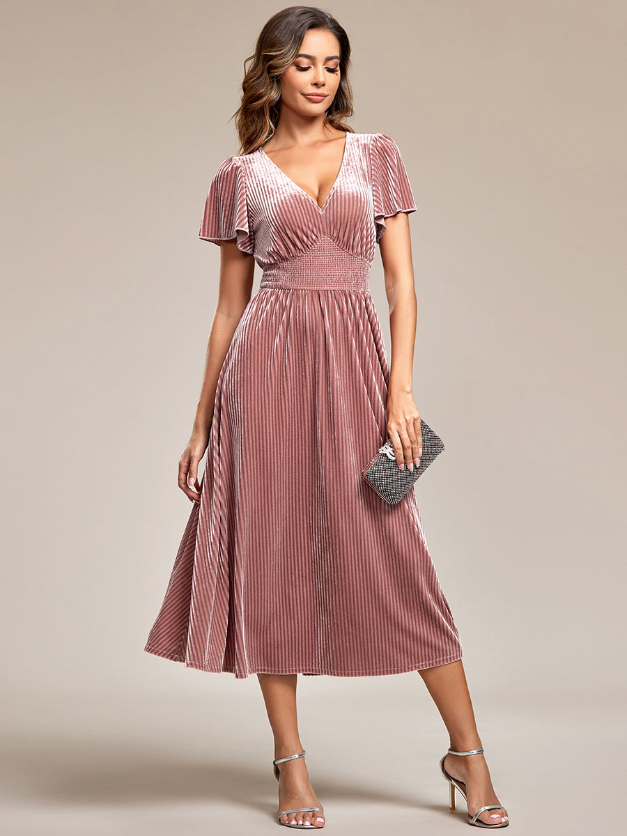 Midi Tee-Länge A-Linie Kleid Mit V-Ausschnitt Aus Weichem Samt Elegant Und Bequem Kleid #Farbe_Orchideenviolett