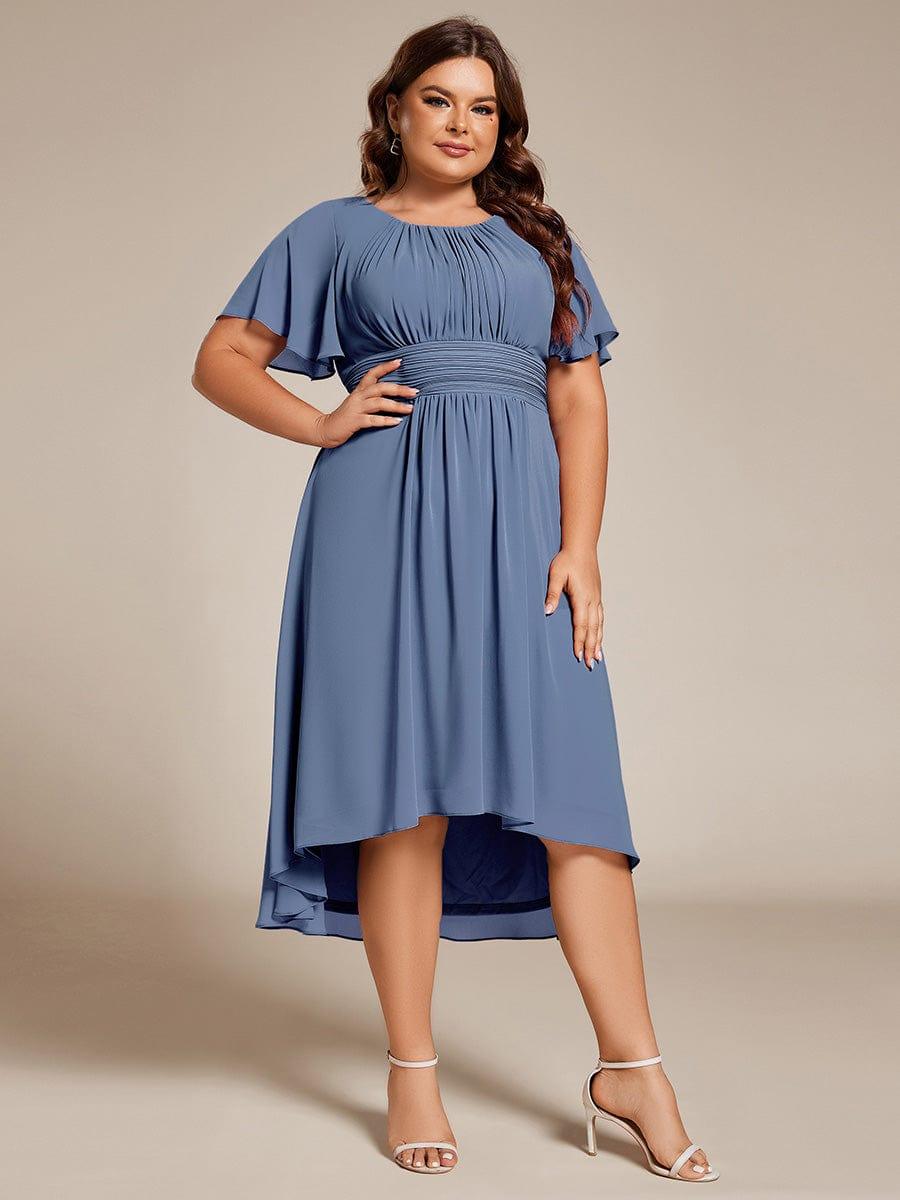 Robe d'invit¨¦ de mariage trap¨¨ze en mousseline fluide ¨¤ encolure ronde et longueur au genou #farbe_Dusty Navy