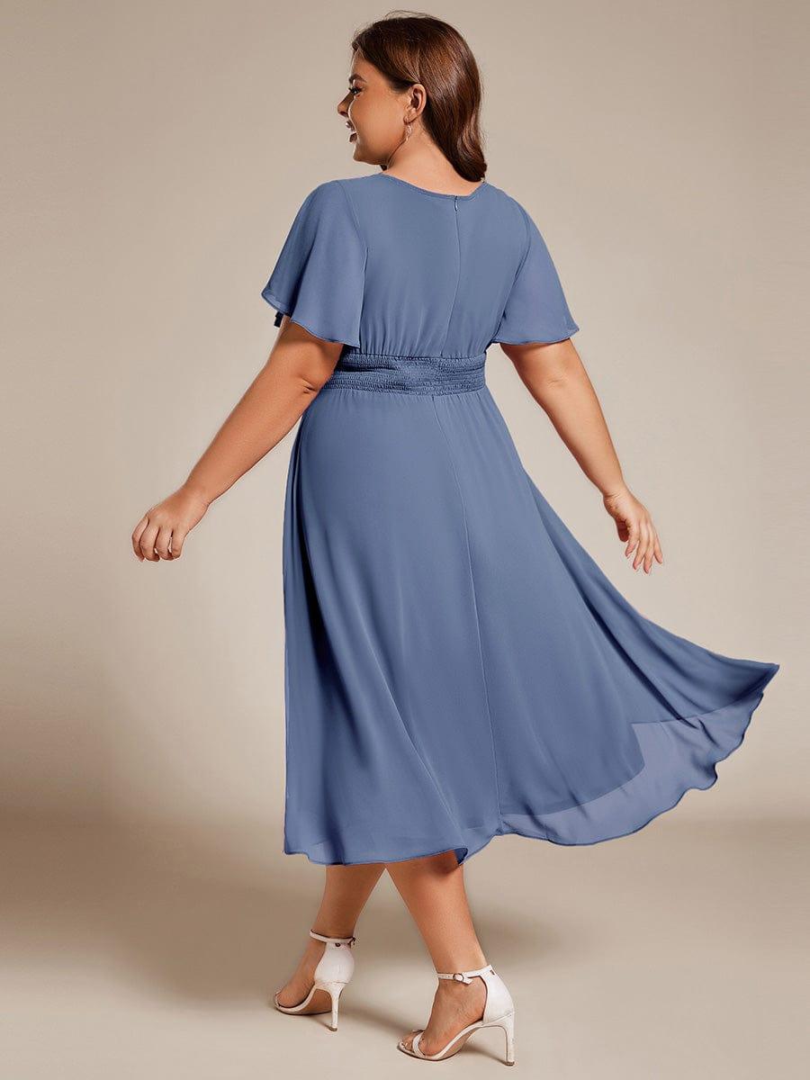 Robe d'invit¨¦ de mariage trap¨¨ze en mousseline fluide ¨¤ encolure ronde et longueur au genou #farbe_Dusty Navy