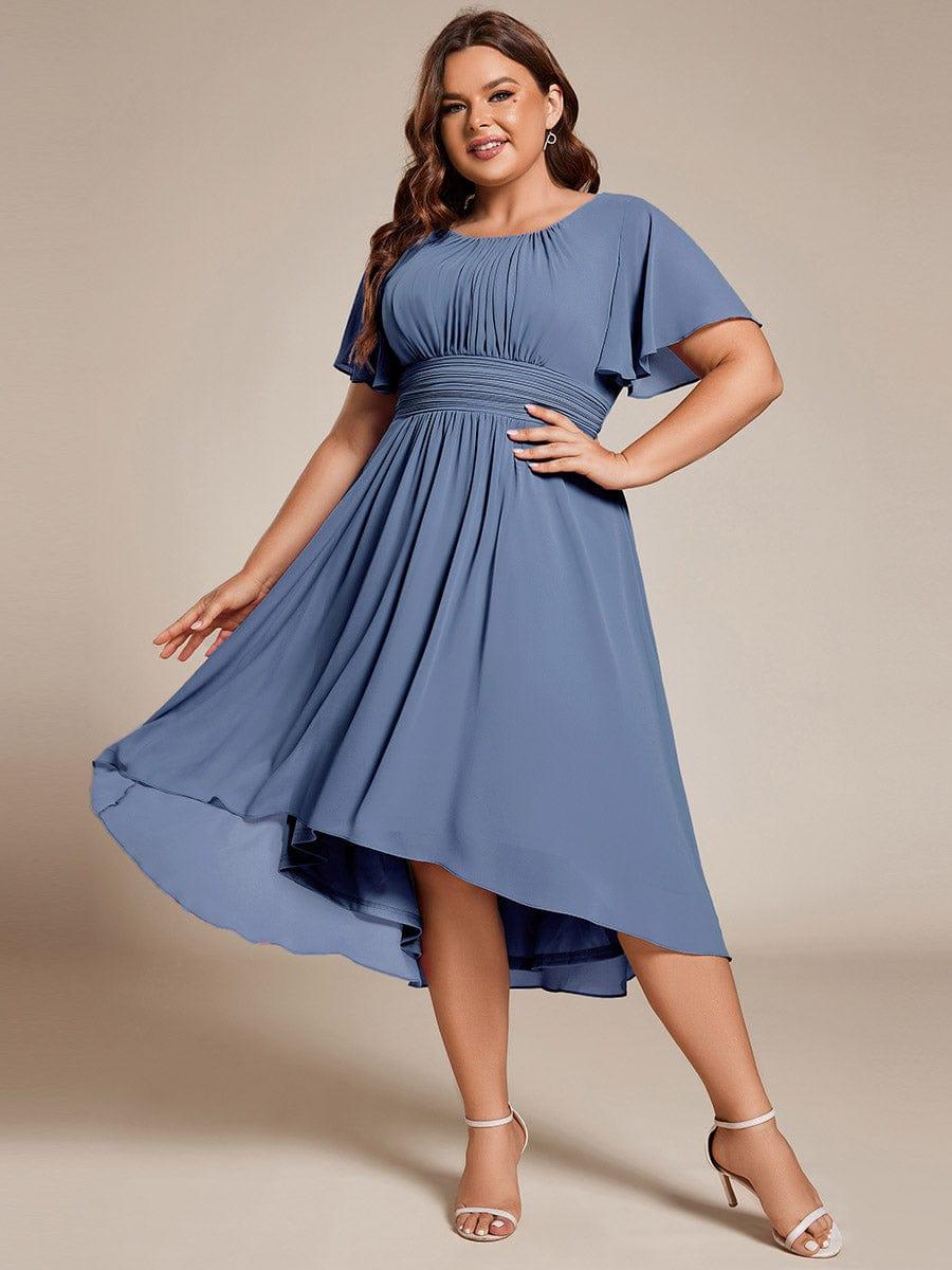 Robe d'invit¨¦ de mariage trap¨¨ze en mousseline fluide ¨¤ encolure ronde et longueur au genou #farbe_Dusty Navy