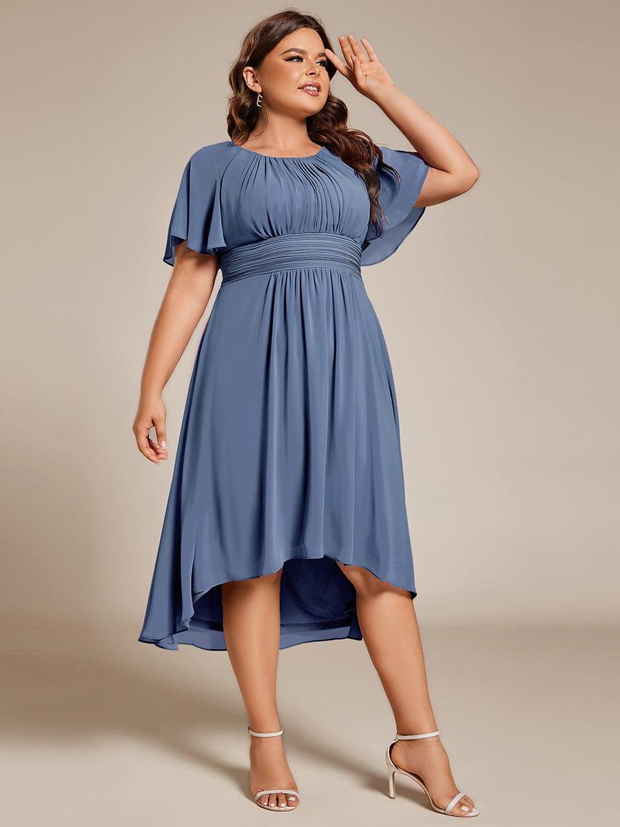 Robe d'invit¨¦ de mariage trap¨¨ze en mousseline fluide ¨¤ encolure ronde et longueur au genou #farbe_Dusty Navy