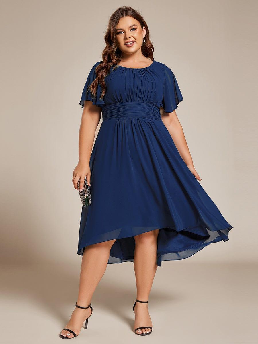 Robe d'invit¨¦ de mariage trap¨¨ze en mousseline fluide ¨¤ encolure ronde et longueur au genou #farbe_Navy Blau