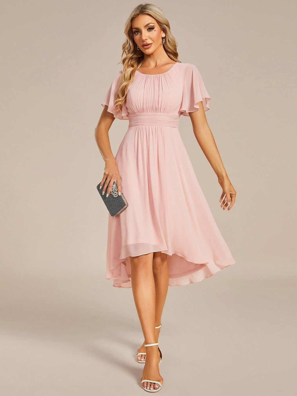 Robe d'invit¨¦ de mariage trap¨¨ze en mousseline fluide ¨¤ encolure ronde et longueur au genou #farbe_Rosa