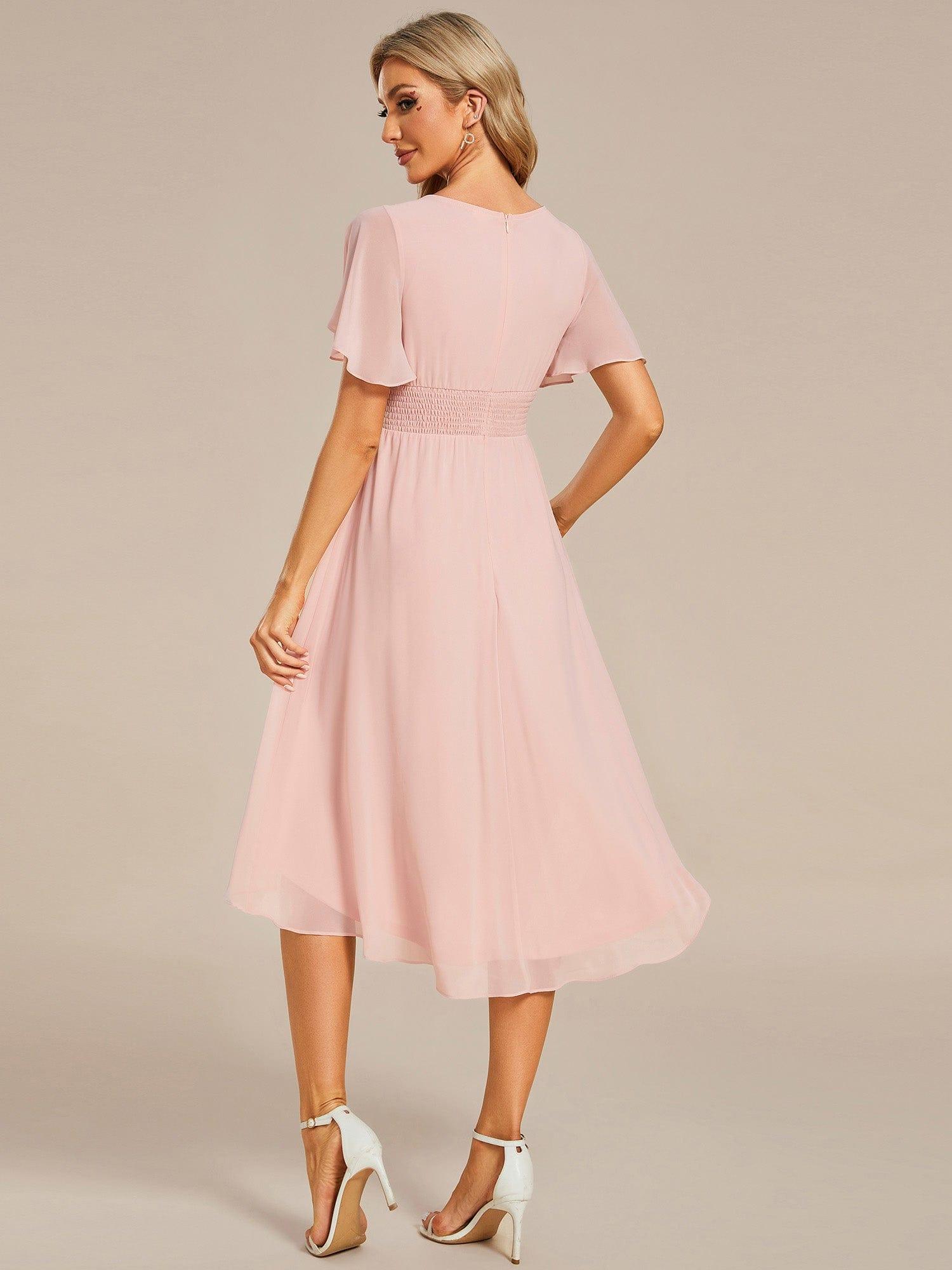 Robe d'invit¨¦ de mariage trap¨¨ze en mousseline fluide ¨¤ encolure ronde et longueur au genou #farbe_Rosa