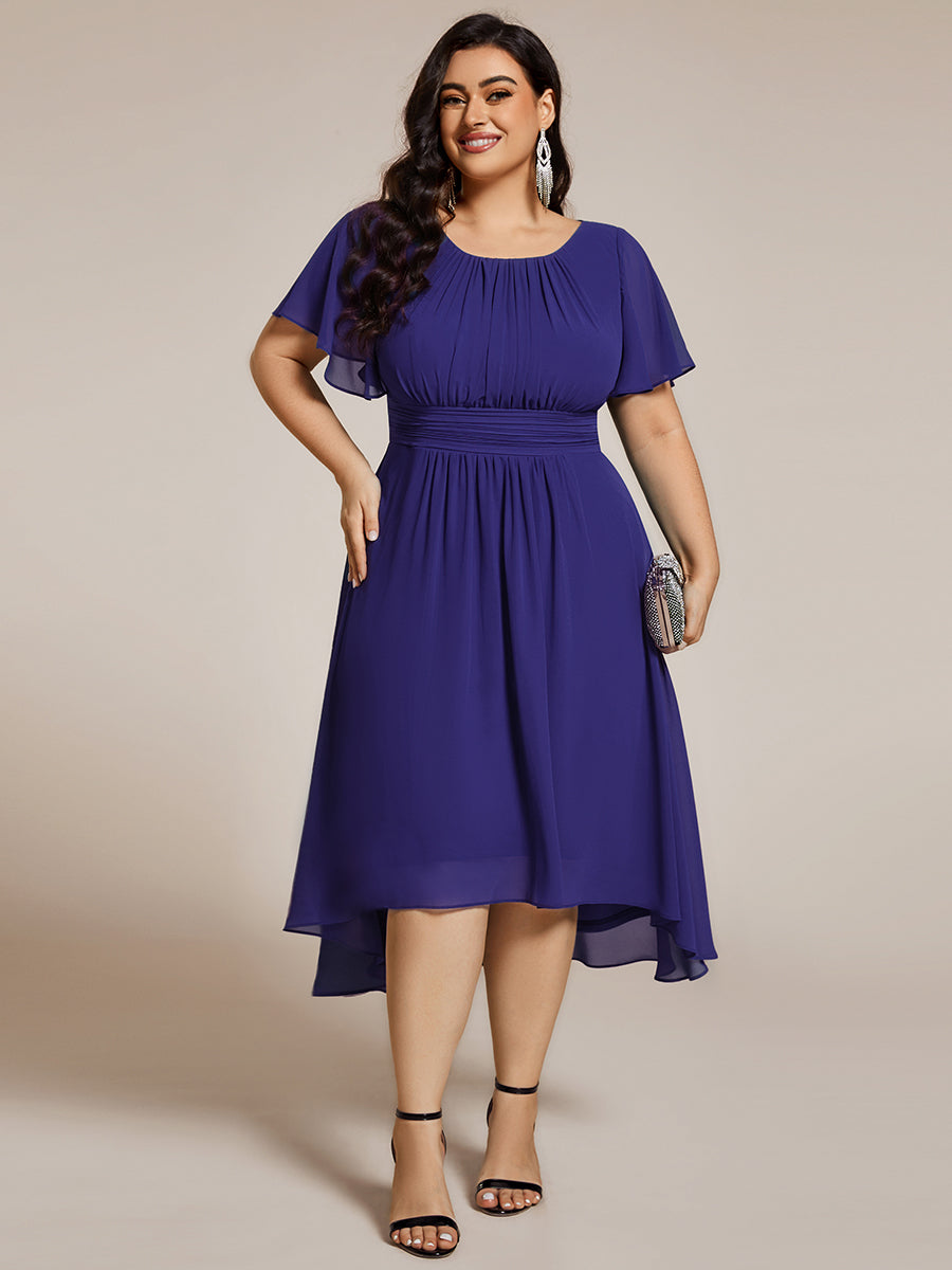 Robe d'invit¨¦ de mariage trap¨¨ze en mousseline fluide ¨¤ encolure ronde et longueur au genou #farbe_Saphirblau