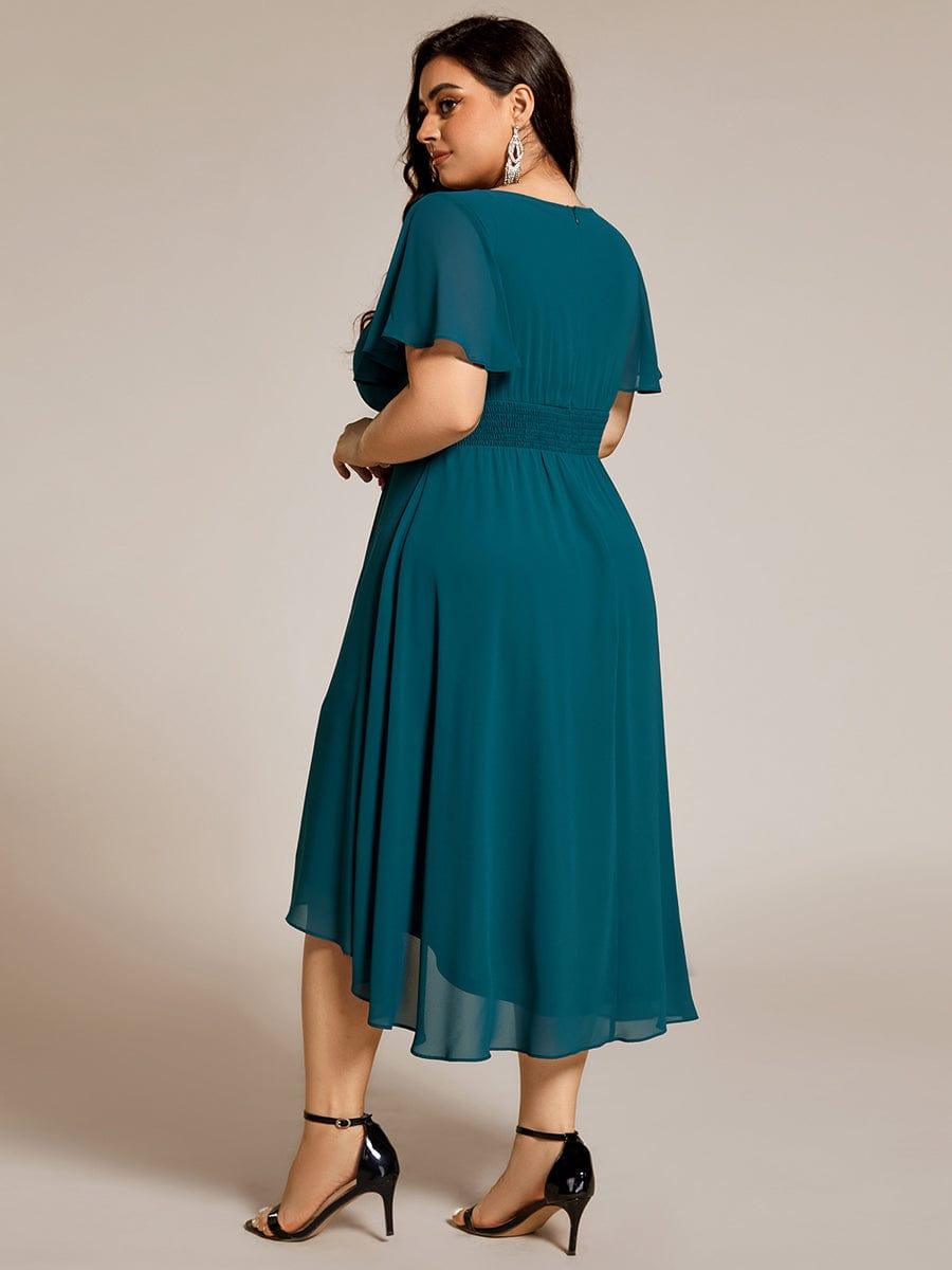 Robe d'invit¨¦ de mariage trap¨¨ze en mousseline fluide ¨¤ encolure ronde et longueur au genou #farbe_Teal