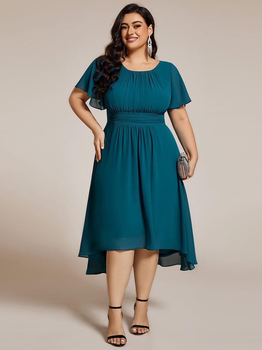 Robe d'invit¨¦ de mariage trap¨¨ze en mousseline fluide ¨¤ encolure ronde et longueur au genou #farbe_Teal