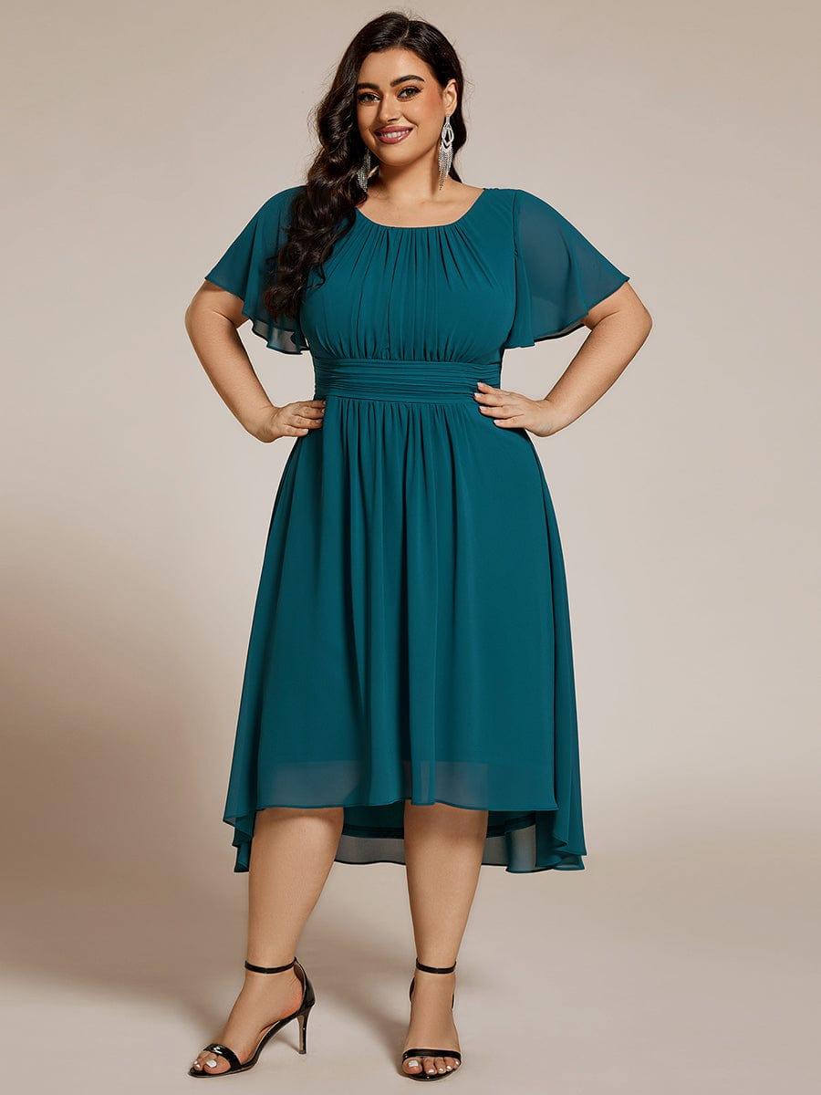 Robe d'invit¨¦ de mariage trap¨¨ze en mousseline fluide ¨¤ encolure ronde et longueur au genou #farbe_Teal