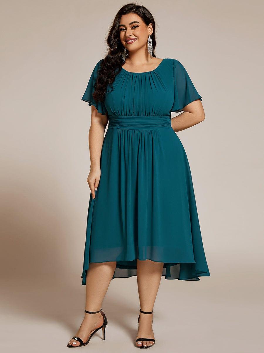 Robe d'invit¨¦ de mariage trap¨¨ze en mousseline fluide ¨¤ encolure ronde et longueur au genou #farbe_Teal