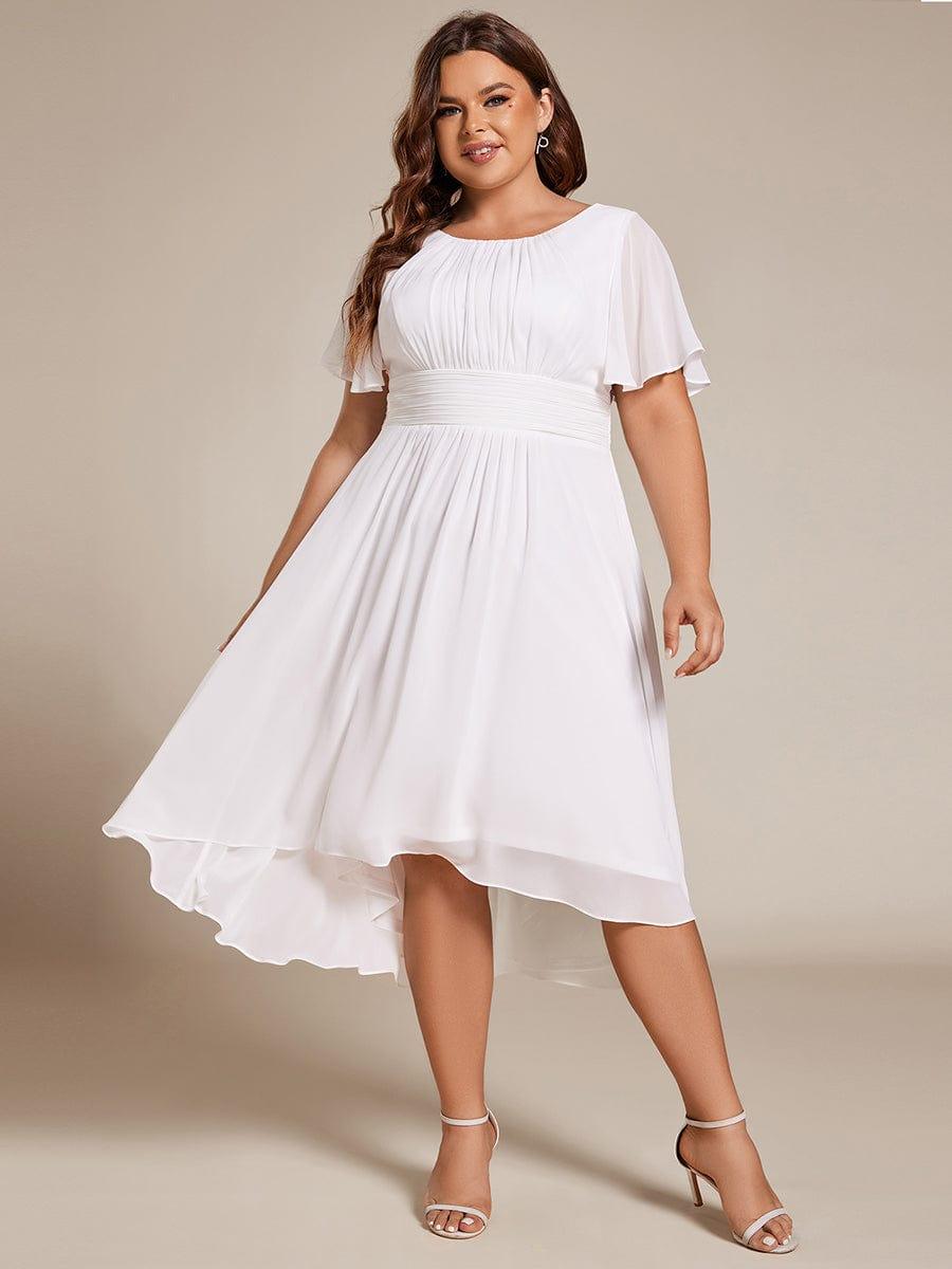 Robe d'invit¨¦ de mariage trap¨¨ze en mousseline fluide ¨¤ encolure ronde et longueur au genou #farbe_Weiss