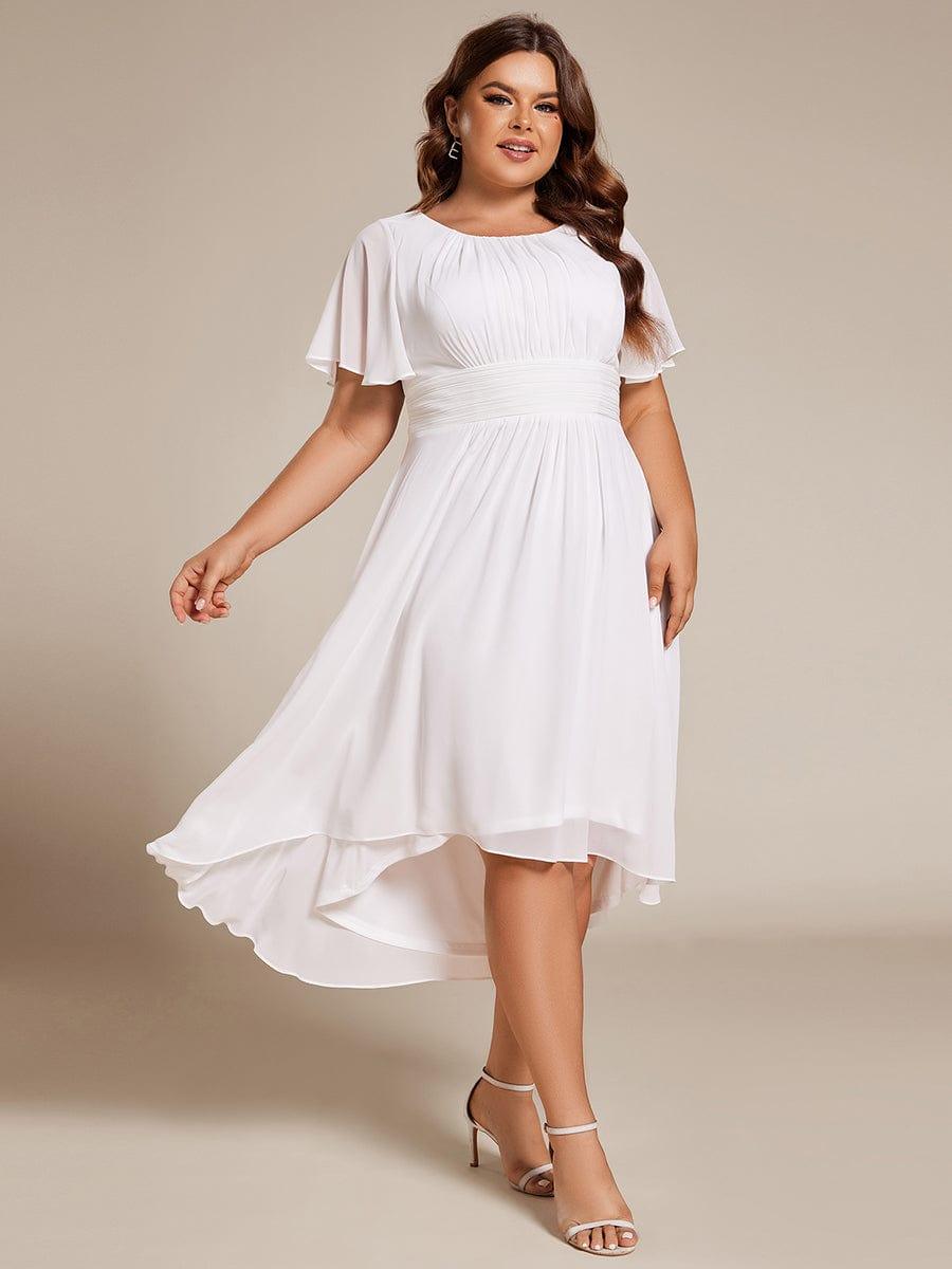 Robe d'invit¨¦ de mariage trap¨¨ze en mousseline fluide ¨¤ encolure ronde et longueur au genou #farbe_Weiss