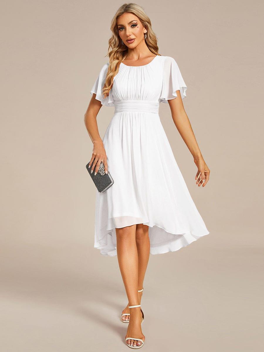 Robe d'invit¨¦ de mariage trap¨¨ze en mousseline fluide ¨¤ encolure ronde et longueur au genou #farbe_Weiss