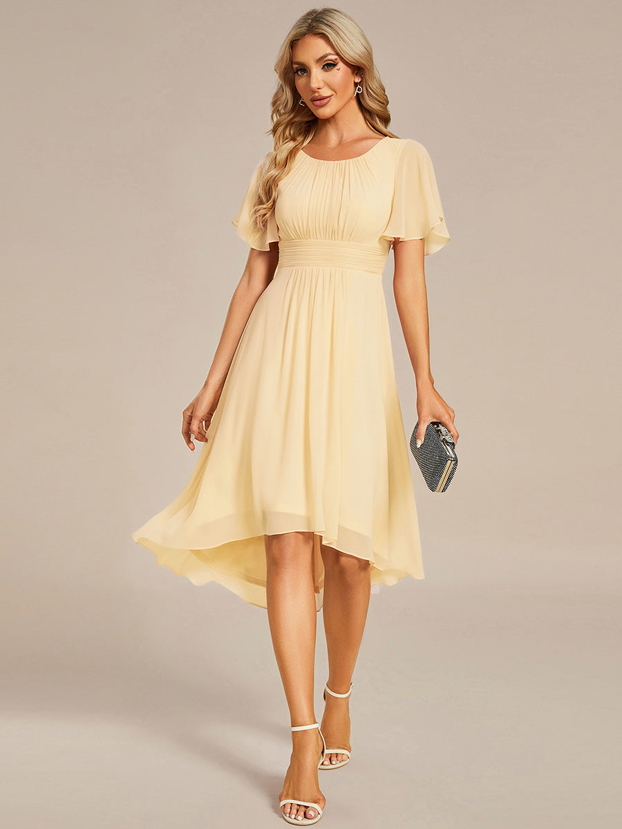 Robe d'invit¨¦ de mariage trap¨¨ze en mousseline fluide ¨¤ encolure ronde et longueur au genou #farbe_Gelb