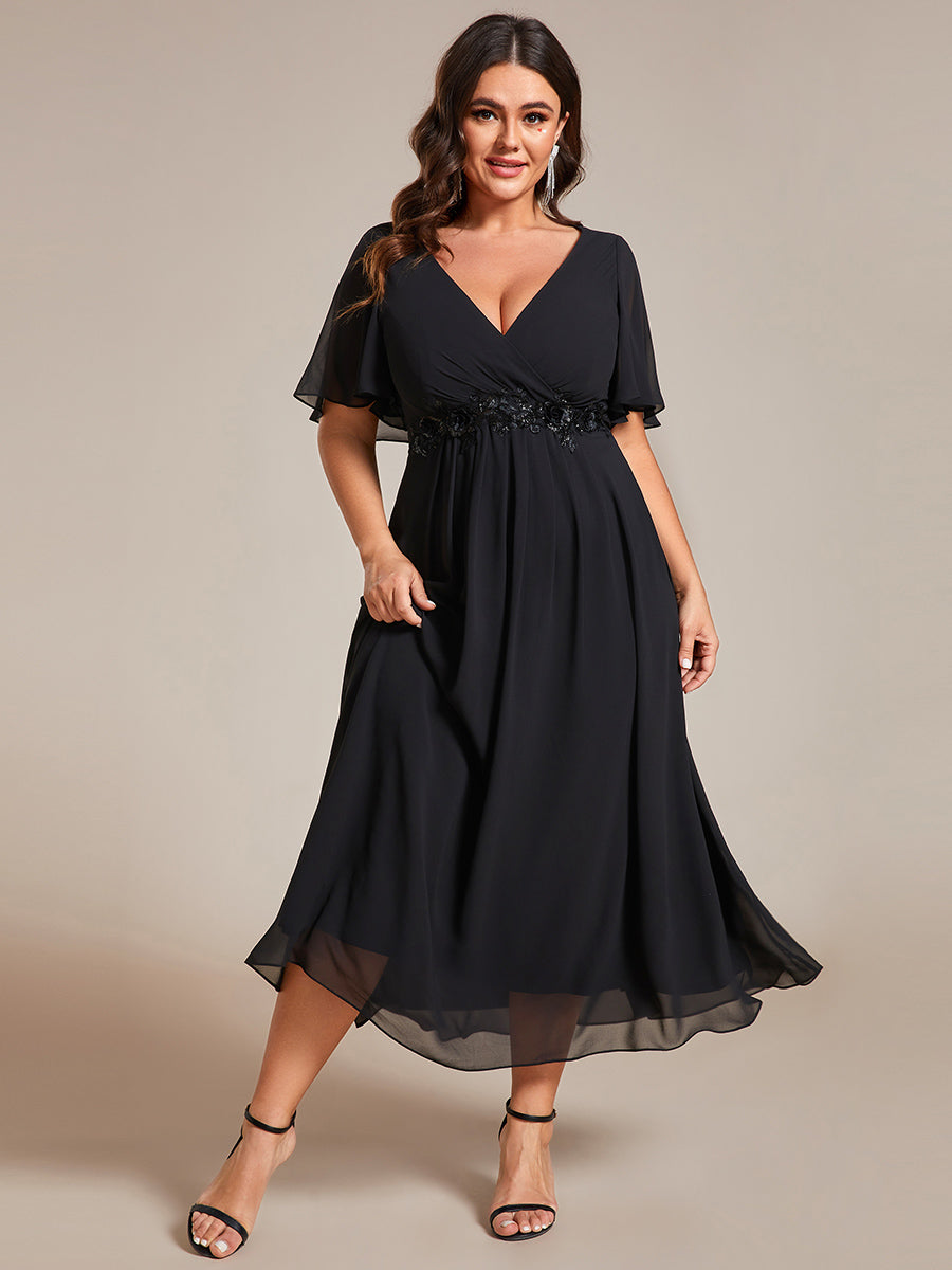 Midi Länge V-Ausschnitt A-Linie Chiffon Kleid Mit Applikationen Und Raffung Details Kleid #Farbe_Schwarz