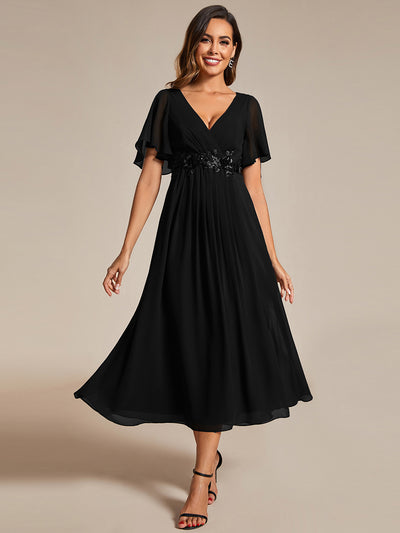 Midi Länge V-Ausschnitt A-Linie Chiffon Kleid Mit Applikationen Und Raffung Details Kleid #Farbe_Schwarz
