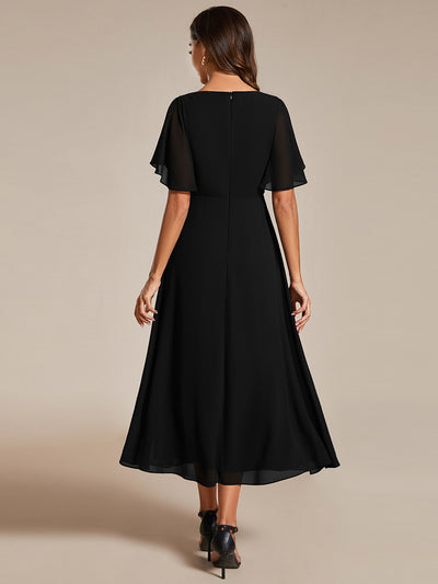 Midi Länge V-Ausschnitt A-Linie Chiffon Kleid Mit Applikationen Und Raffung Details Kleid #Farbe_Schwarz