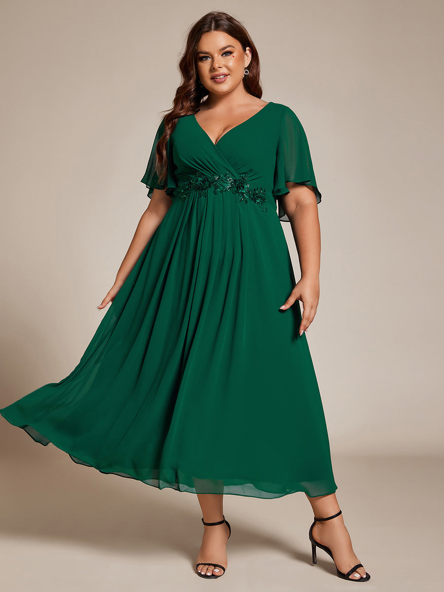 Midi Länge V-Ausschnitt A-Linie Chiffon Kleid Mit Applikationen Und Raffung Details Kleid #Farbe_Dunkelgrün
