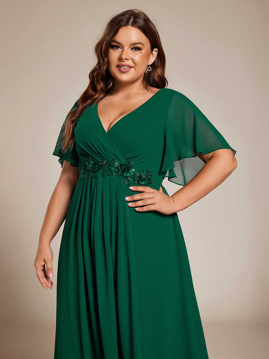 Midi Länge V-Ausschnitt A-Linie Chiffon Kleid Mit Applikationen Und Raffung Details Kleid #Farbe_Dunkelgrün