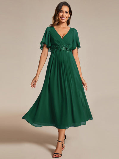 Midi Länge V-Ausschnitt A-Linie Chiffon Kleid Mit Applikationen Und Raffung Details Kleid #Farbe_Dunkelgrün