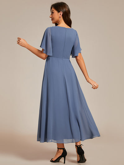 Midi Länge V-Ausschnitt A-Linie Chiffon Kleid Mit Applikationen Und Raffung Details Kleid #Farbe_Taubenblau