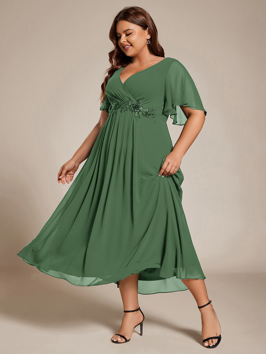 Midi Länge V-Ausschnitt A-Linie Chiffon Kleid Mit Applikationen Und Raffung Details Kleid #Farbe_Eukalyptus