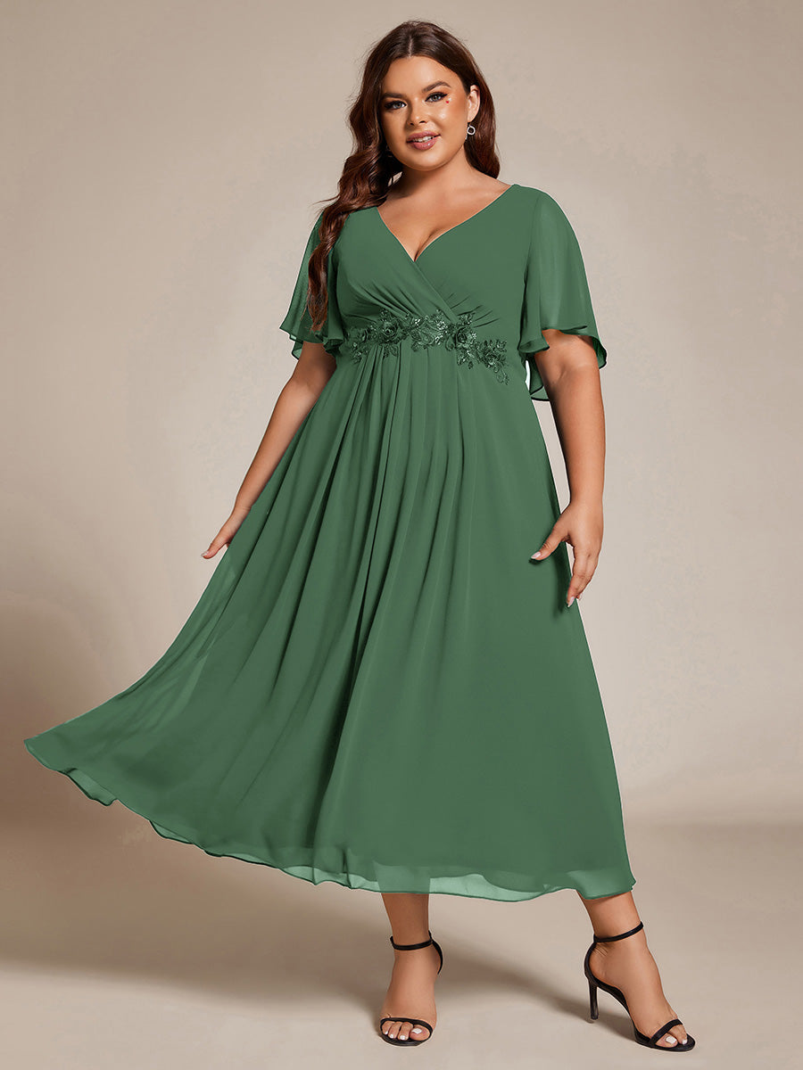Midi Länge V-Ausschnitt A-Linie Chiffon Kleid Mit Applikationen Und Raffung Details Kleid #Farbe_Eukalyptus