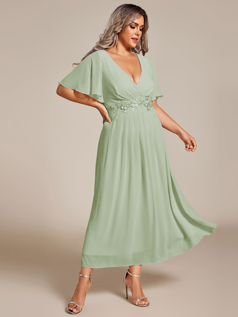 Midi Länge V-Ausschnitt A-Linie Chiffon Kleid Mit Applikationen Und Raffung Details Kleid #Farbe_Mintgrün