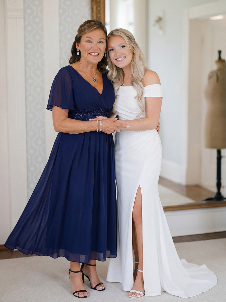 Midi Länge V-Ausschnitt A-Linie Chiffon Kleid Mit Applikationen Und Raffung Details Kleid #Farbe_Marineblau
