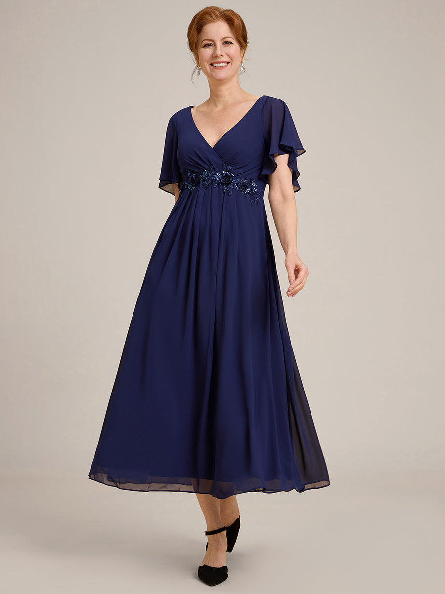 Midi Länge V-Ausschnitt A-Linie Chiffon Kleid Mit Applikationen Und Raffung Details Kleid #Farbe_Marineblau