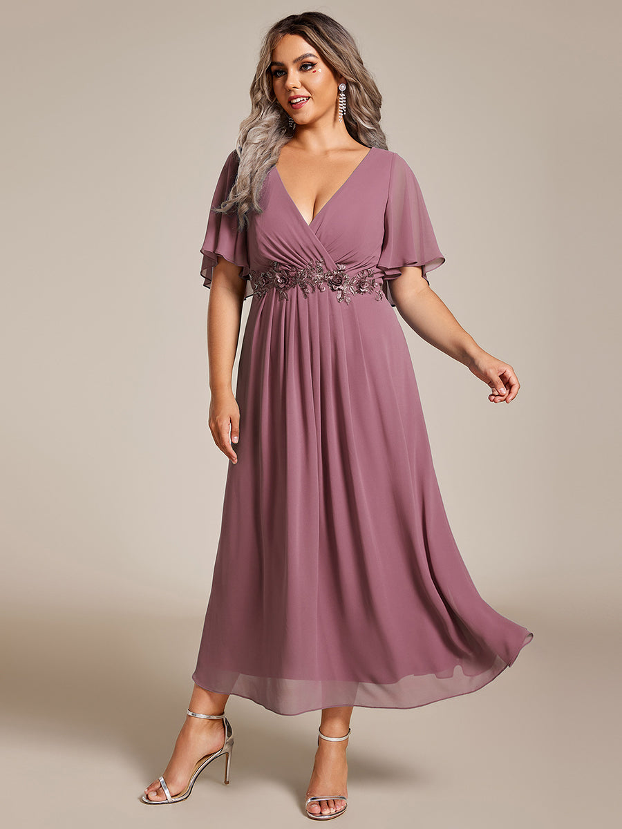 Midi Länge V-Ausschnitt A-Linie Chiffon Kleid Mit Applikationen Und Raffung Details Kleid #Farbe_Orchideenviolett