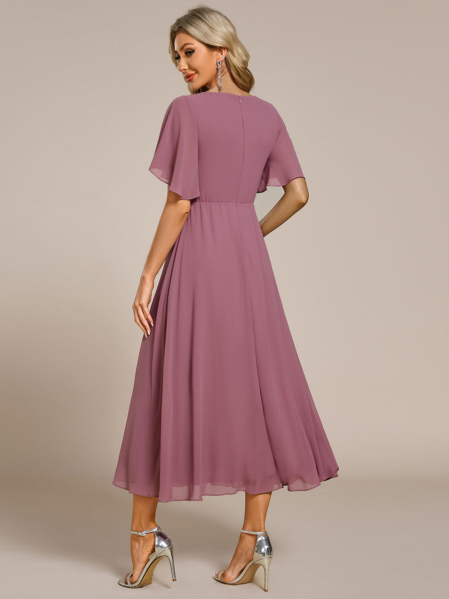 Midi Länge V-Ausschnitt A-Linie Chiffon Kleid Mit Applikationen Und Raffung Details Kleid #Farbe_Orchideenviolett