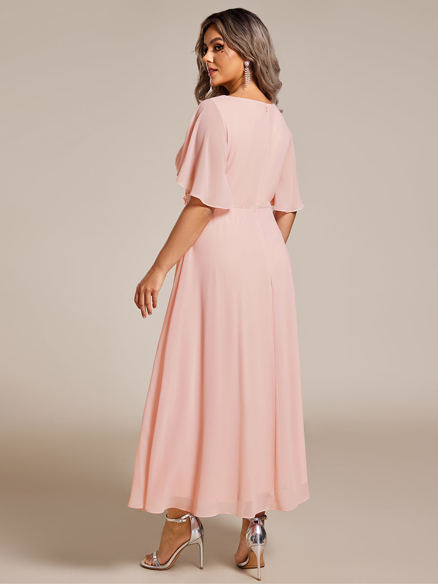 Midi Länge V-Ausschnitt A-Linie Chiffon Kleid Mit Applikationen Und Raffung Details Kleid #Farbe_Pink