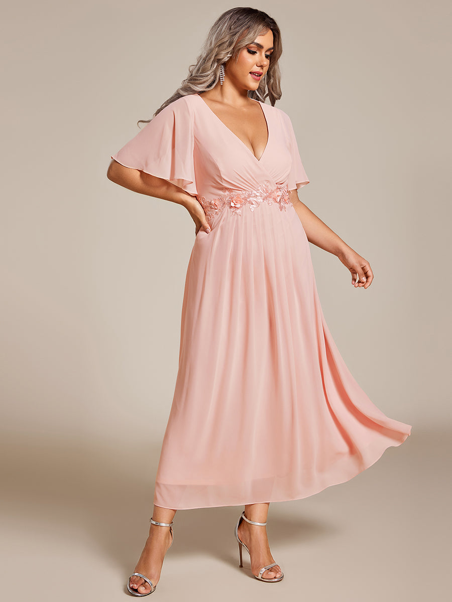Midi Länge V-Ausschnitt A-Linie Chiffon Kleid Mit Applikationen Und Raffung Details Kleid #Farbe_Pink