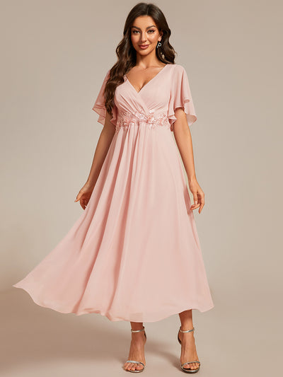 Midi Länge V-Ausschnitt A-Linie Chiffon Kleid Mit Applikationen Und Raffung Details Kleid #Farbe_Rosa