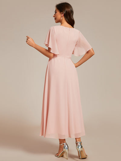 Midi Länge V-Ausschnitt A-Linie Chiffon Kleid Mit Applikationen Und Raffung Details Kleid #Farbe_Rosa