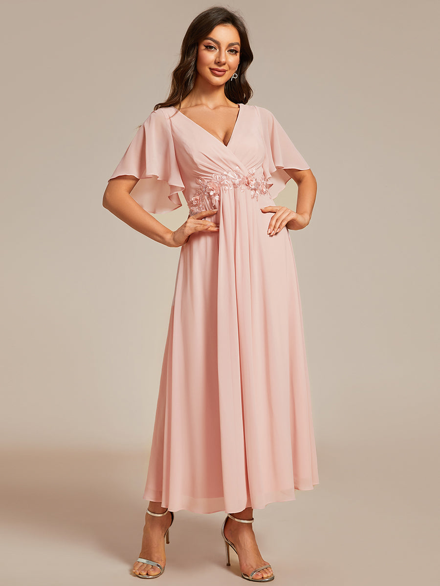 Midi Länge V-Ausschnitt A-Linie Chiffon Kleid Mit Applikationen Und Raffung Details Kleid #Farbe_Pink