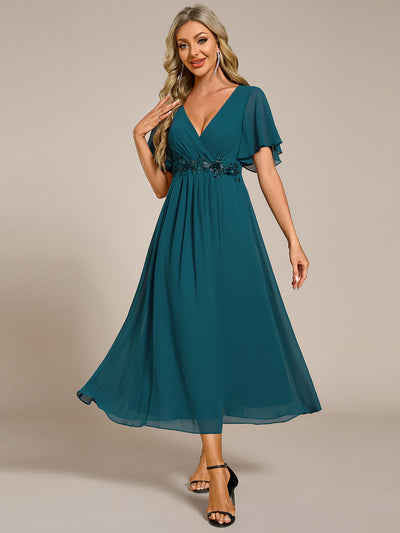 Midi Länge V-Ausschnitt A-Linie Chiffon Kleid Mit Applikationen Und Raffung Details Kleid #Farbe_Petrol